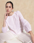 Rareism Women's Jayleon Pink Cotton Crew Neck Striped Cuffed Sleeve Regular Fit Top