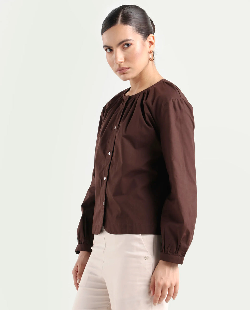 Rareism Women's Jaylo Brown Cotton Crew Neck Plain Cuffed Sleeve Regular Fit Top
