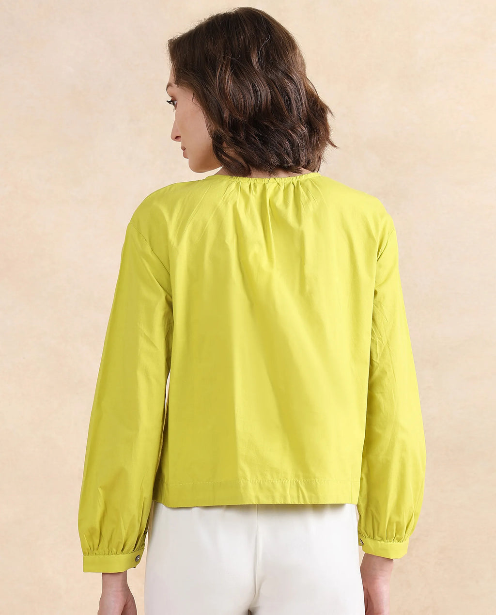 Rareism Women's Jaylo Green Cotton Crew Neck Plain Cuffed Sleeve Regular Fit Top