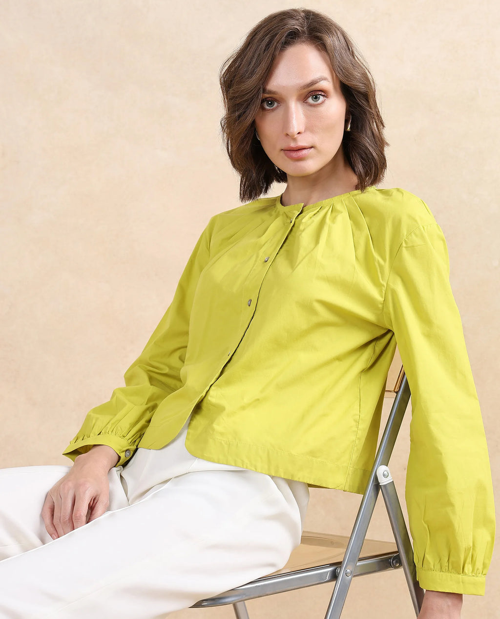 Rareism Women's Jaylo Green Cotton Crew Neck Plain Cuffed Sleeve Regular Fit Top