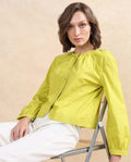 Rareism Women's Jaylo Green Cotton Crew Neck Plain Cuffed Sleeve Regular Fit Top
