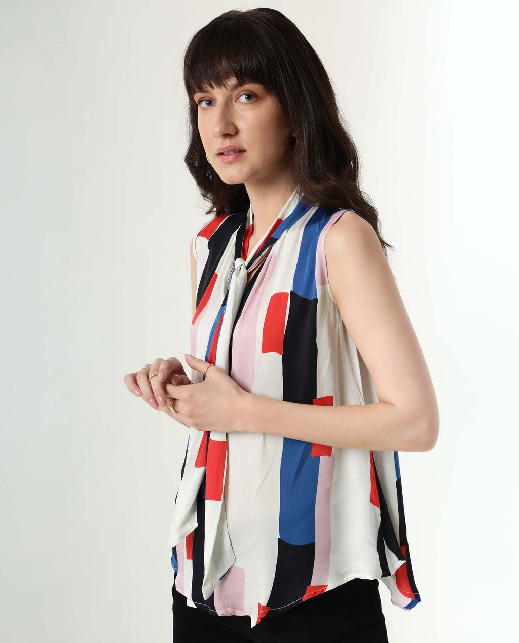 Rareism Women's Jazzes White Cowl Neck Printed Sleeveless Knee Length Tailored Top