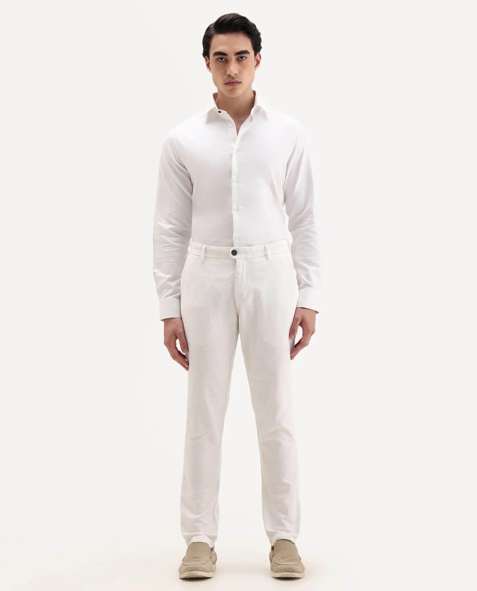 Rare Rabbit Men's Jeck-2 White Cotton Jacquard Regular Fit Trouser