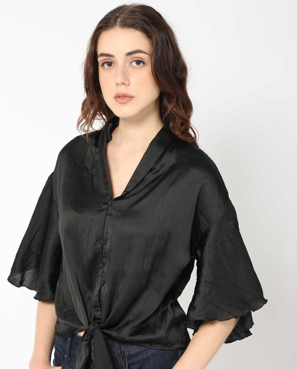 Rareism Women's Jedy Black Polyester Shawl Collar Plain Bell Sleeve Regular Fit Top