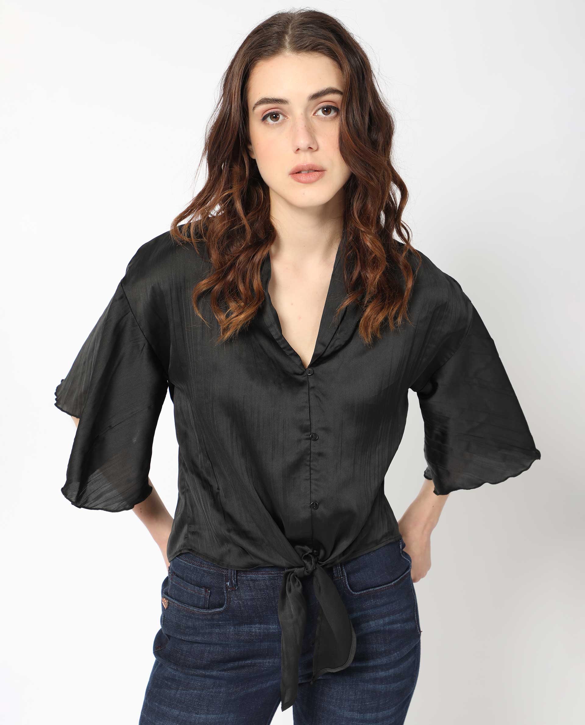 Rareism Women's Jedy Black Polyester Shawl Collar Plain Bell Sleeve Regular Fit Top