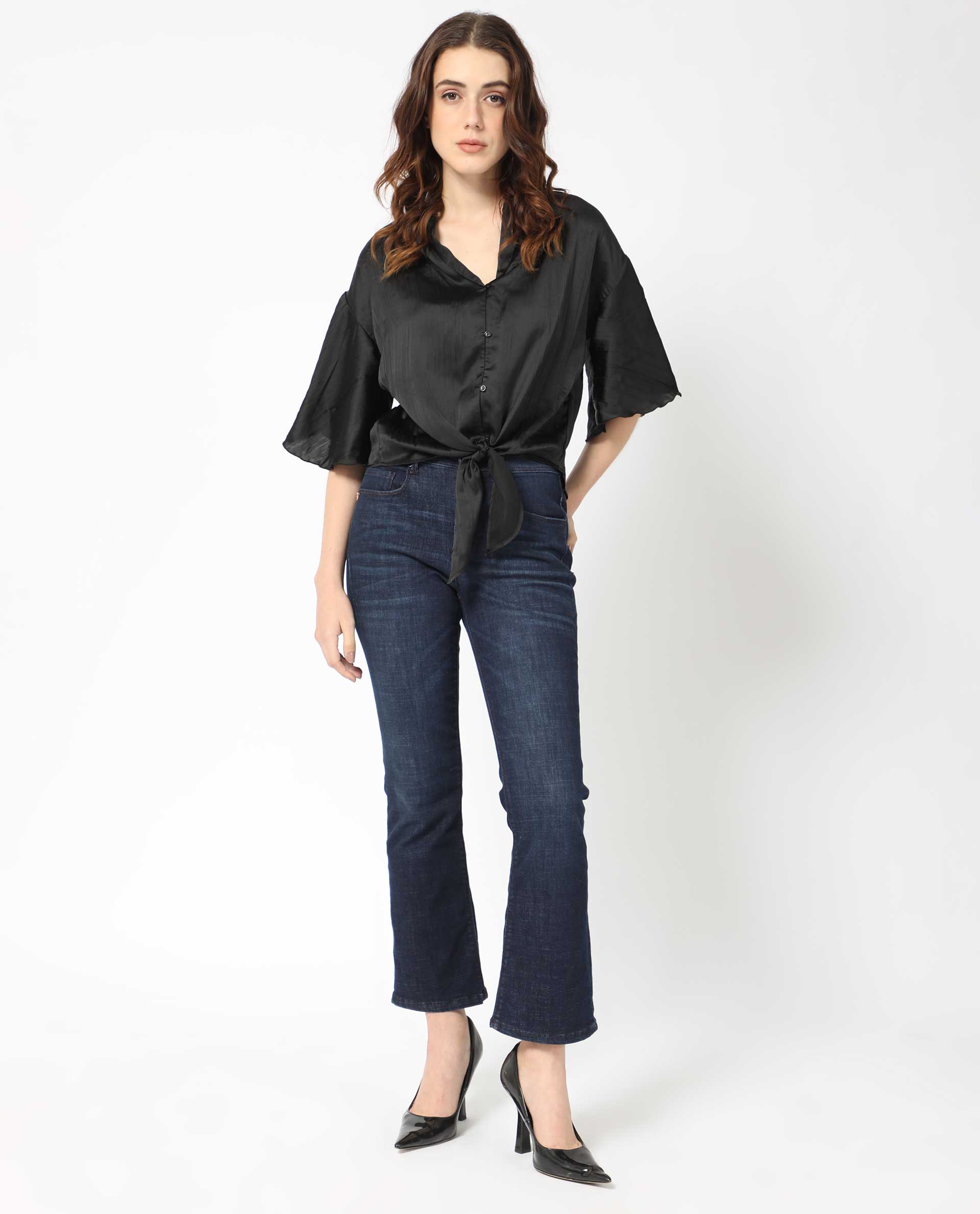 Rareism Women's Jedy Black Polyester Shawl Collar Plain Bell Sleeve Regular Fit Top