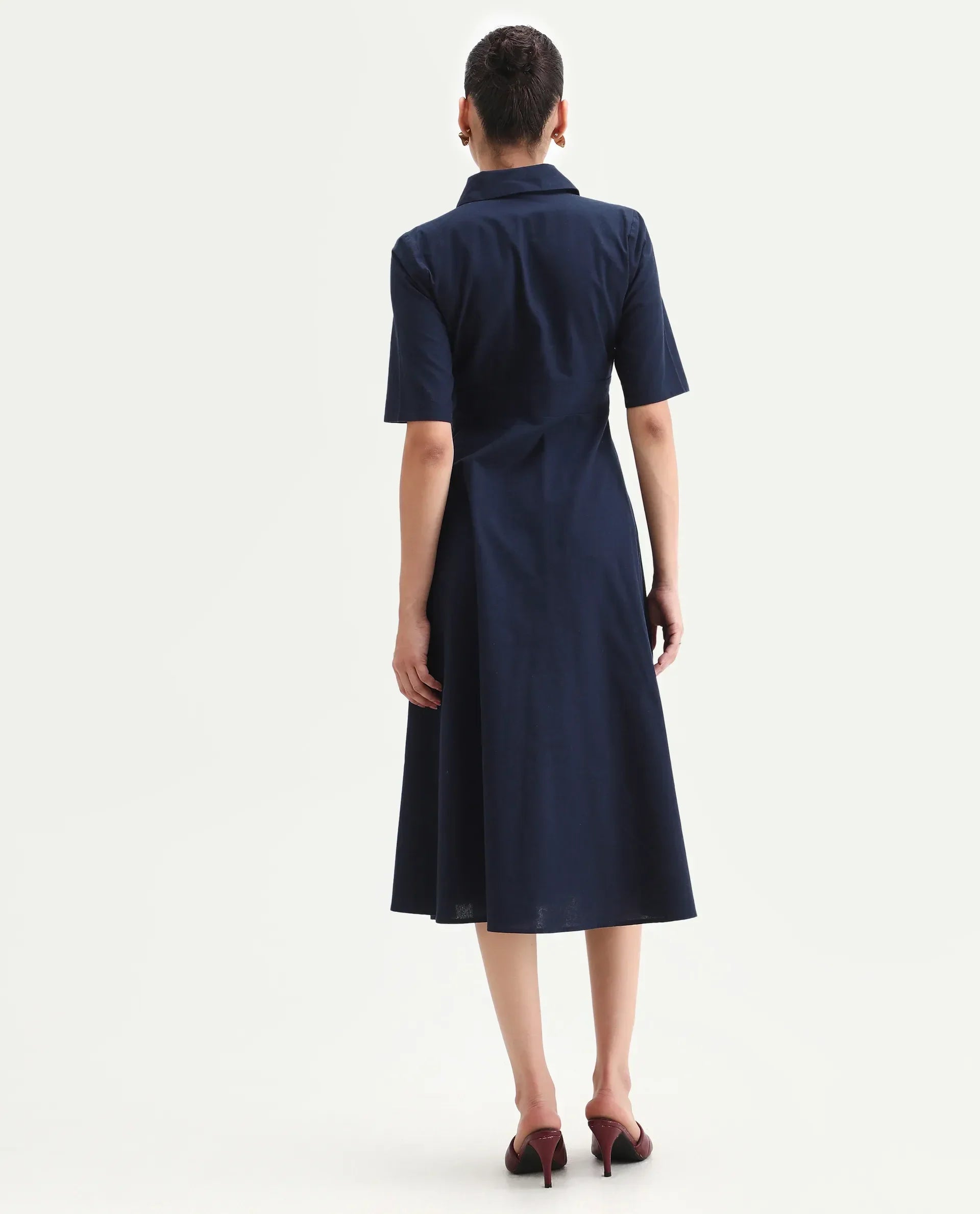 Rareism Women's Jefo Navy Cotton Collared Neck Fit And Flare Plain Midi Dress