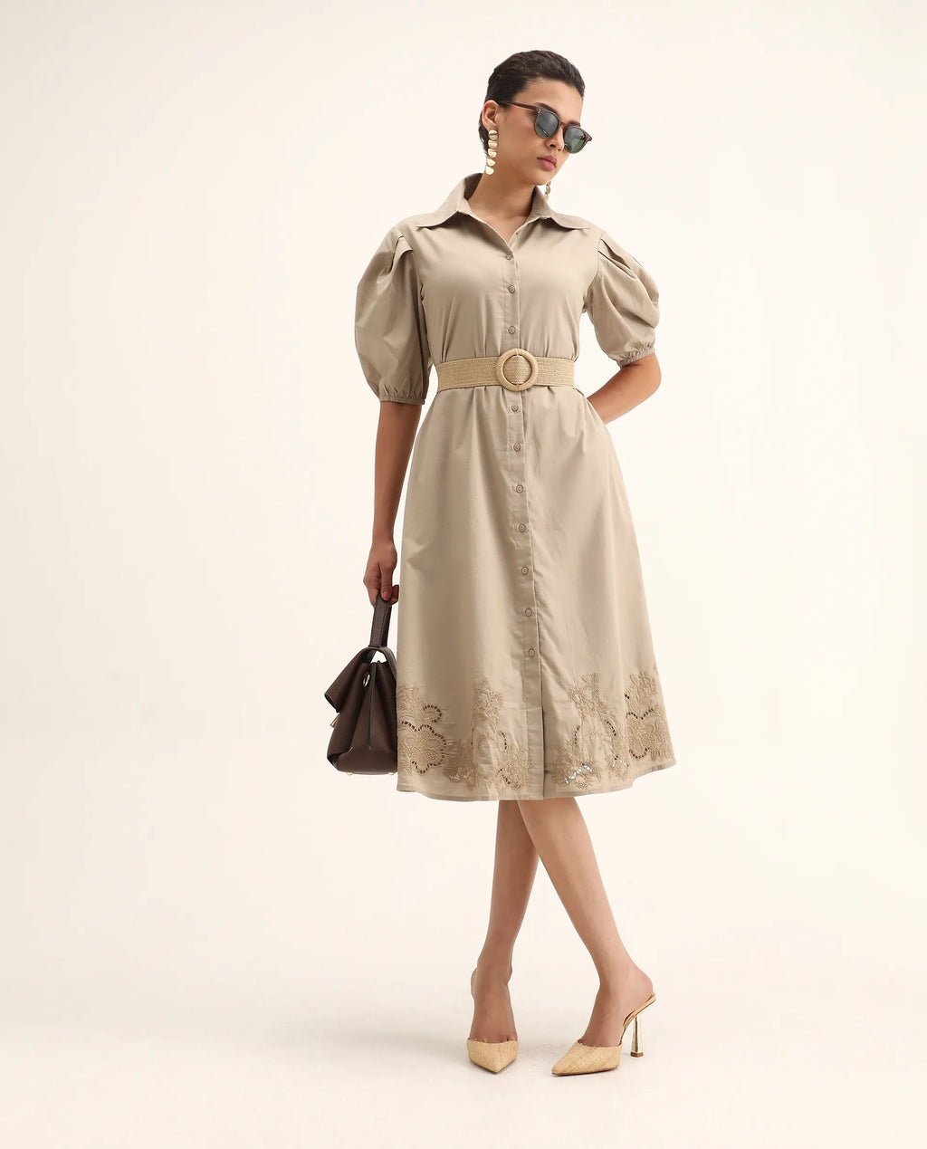 Rareism Women's Jembo Beige Cotton Collared Neck A-Line Geometric Print Midi Dress