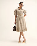 Rareism Women's Jembo Beige Cotton Collared Neck A-Line Geometric Print Midi Dress