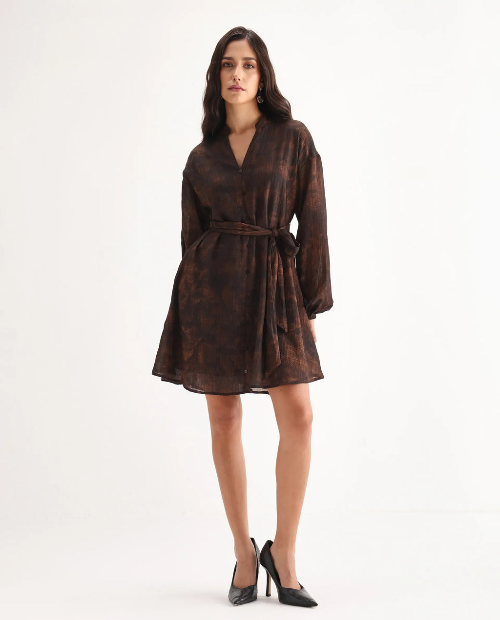 Rareism Women's Jemti Brown Polyester Mandarin Collar Flared Printed Dress