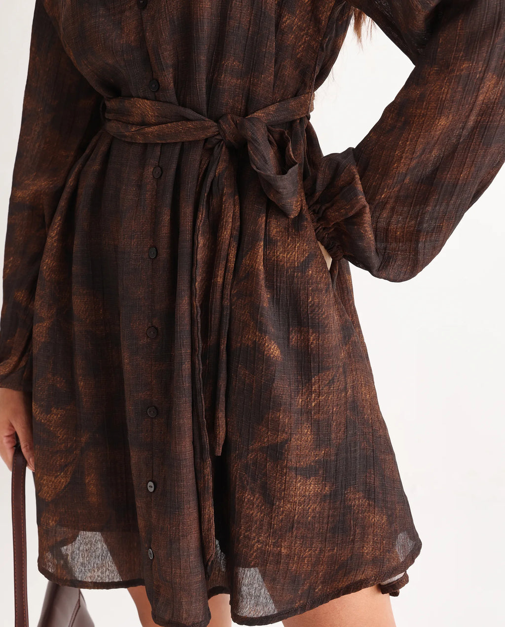 Rareism Women's Jemti Brown Polyester Mandarin Collar Flared Printed Dress