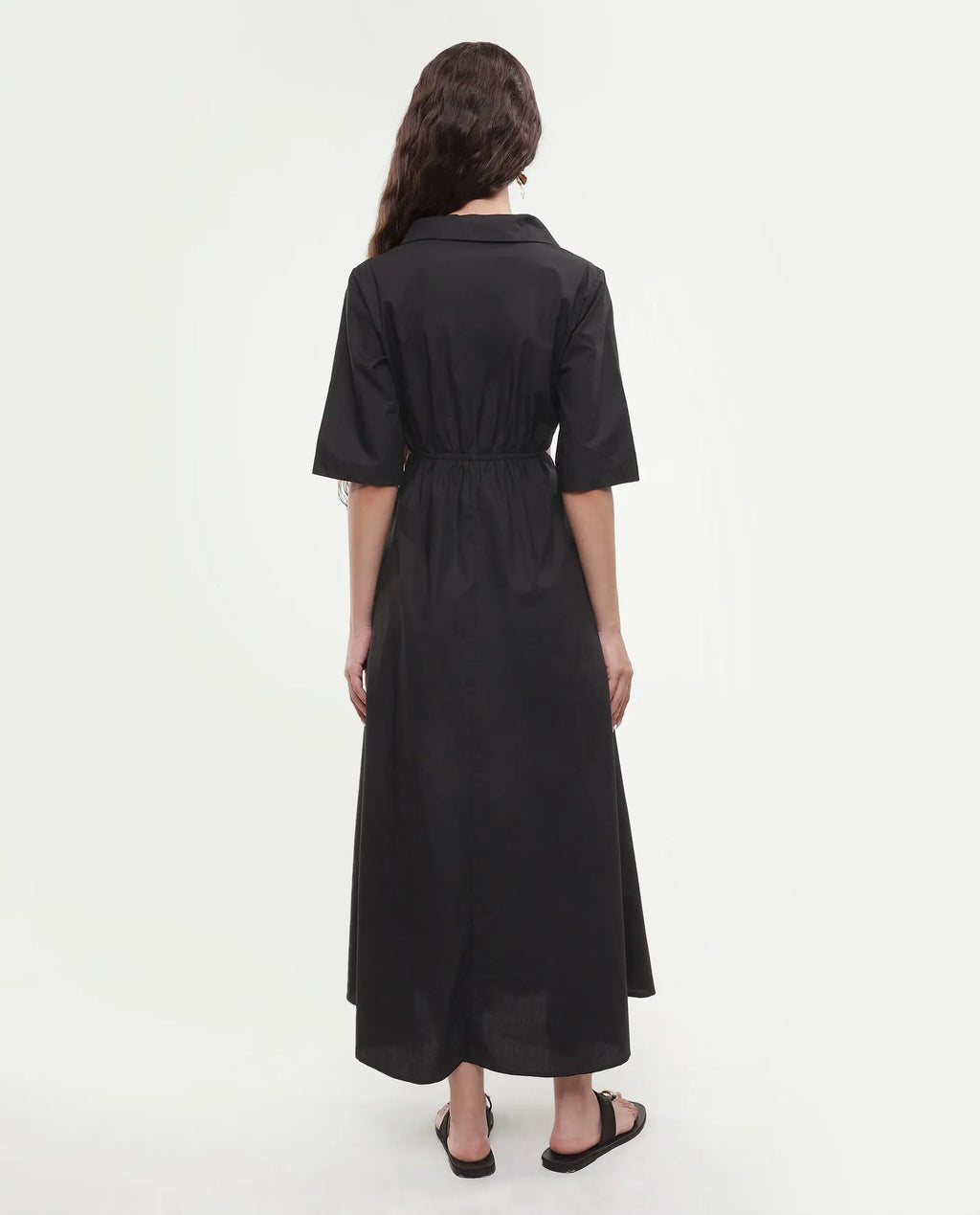 Rareism Women's Jenbo Black Cotton Lapel Neck A-Line Plain Dress