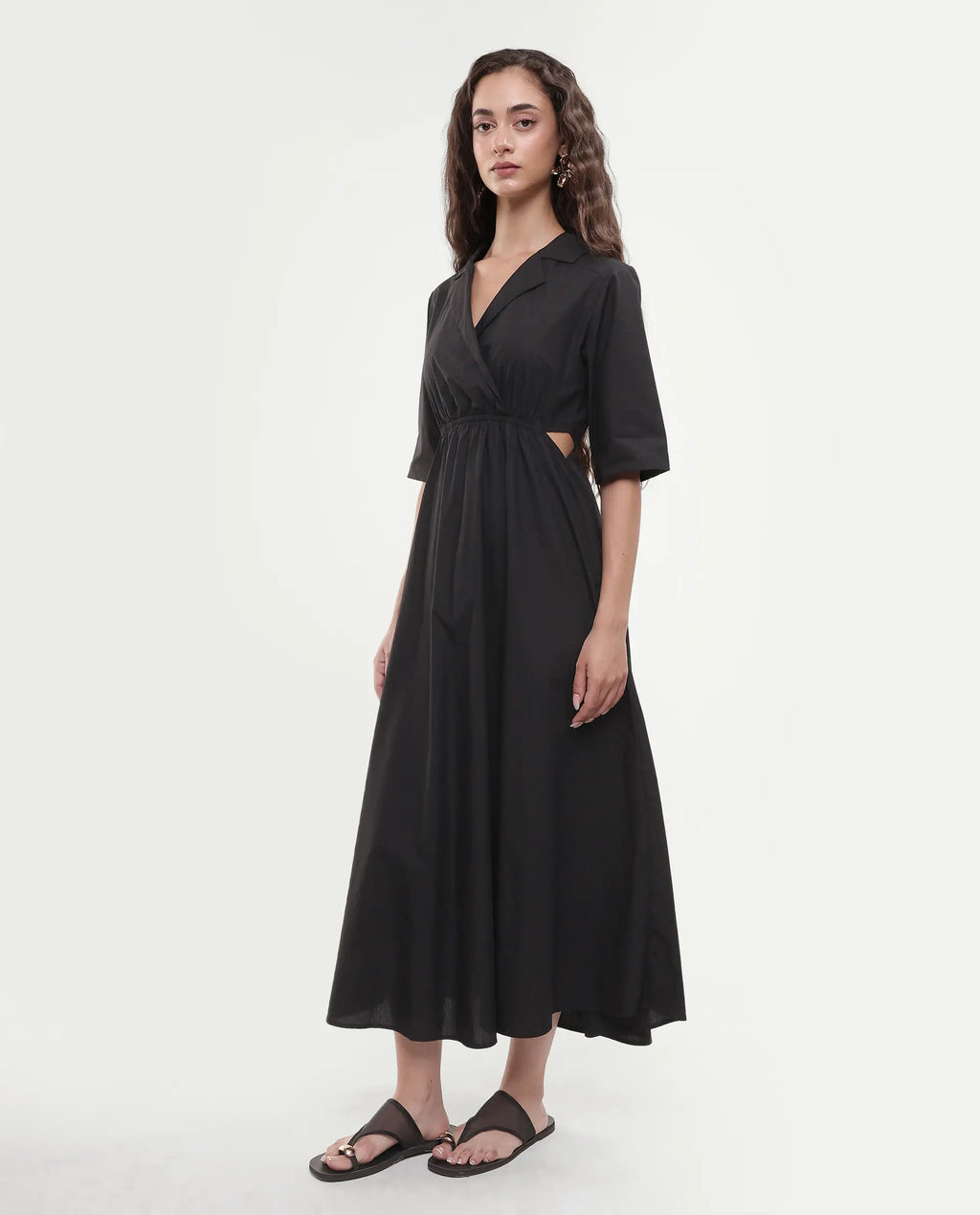 Rareism Women's Jenbo Black Cotton Lapel Neck A-Line Plain Dress