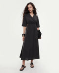 Rareism Women's Jenbo Black Cotton Lapel Neck A-Line Plain Dress