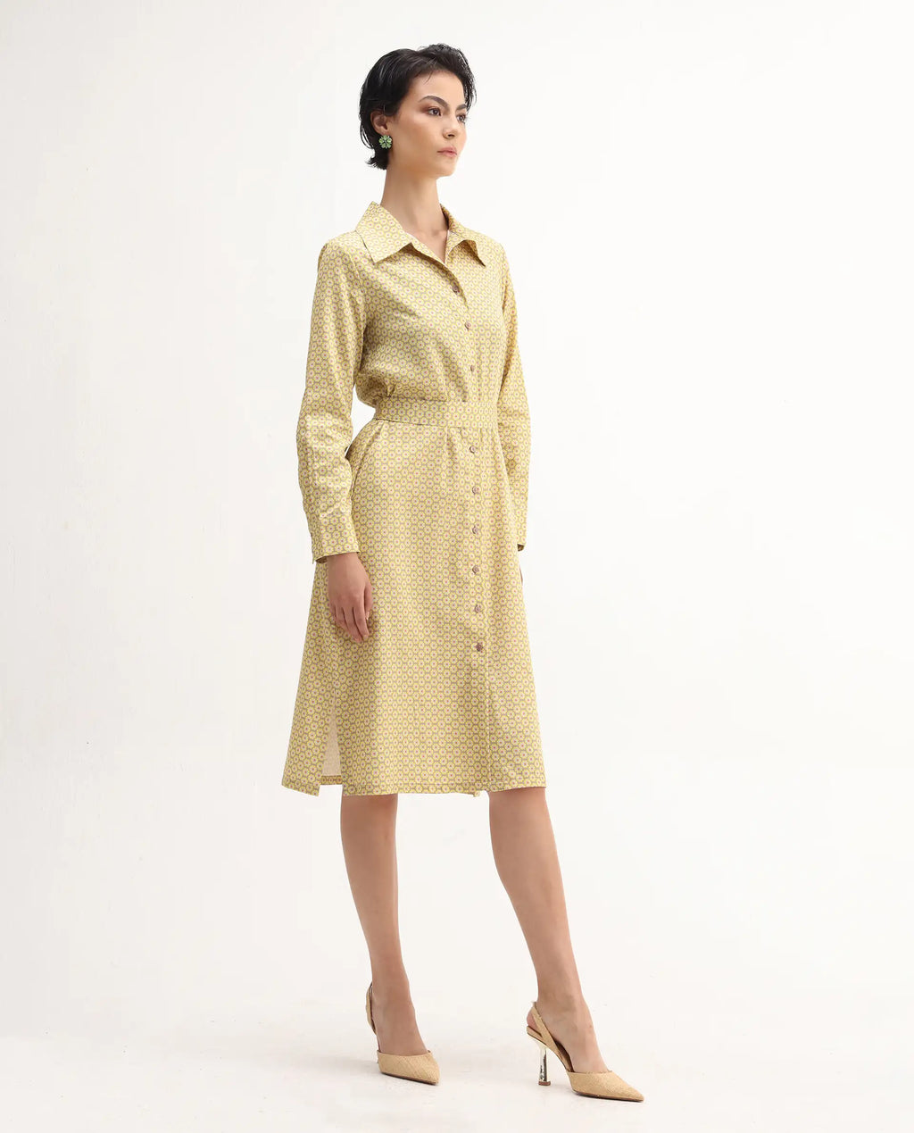 Rareism Women's Jenby Yellow Cotton Collared Neck Straight Fit Midi Dress