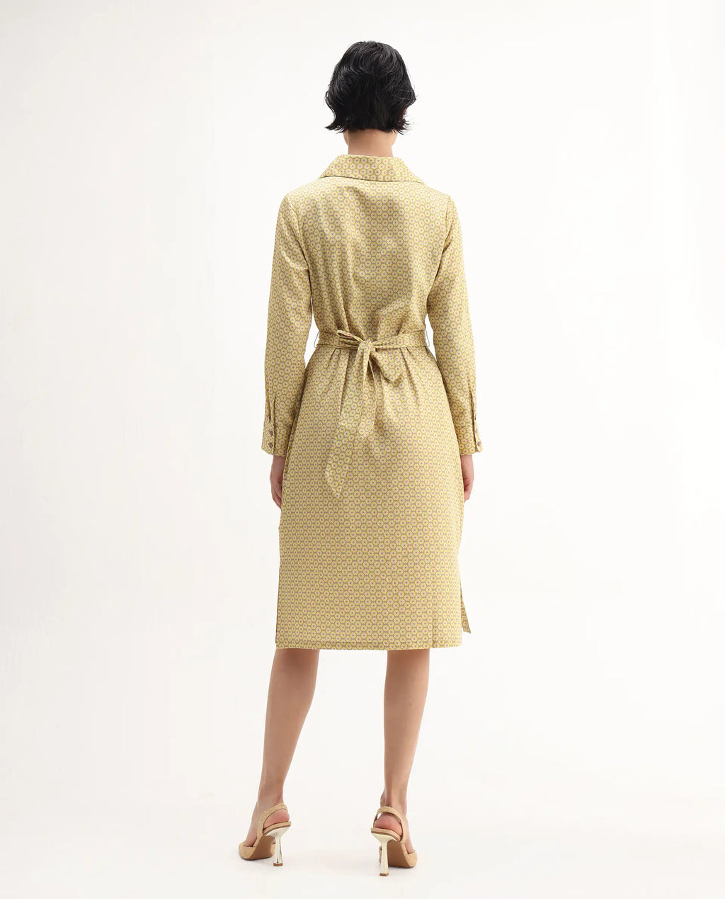 Rareism Women's Jenby Yellow Cotton Collared Neck Straight Fit Midi Dress