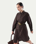 Rareism Women's Jencot Brown Cotton Collared Neck A-Line Plain Dress