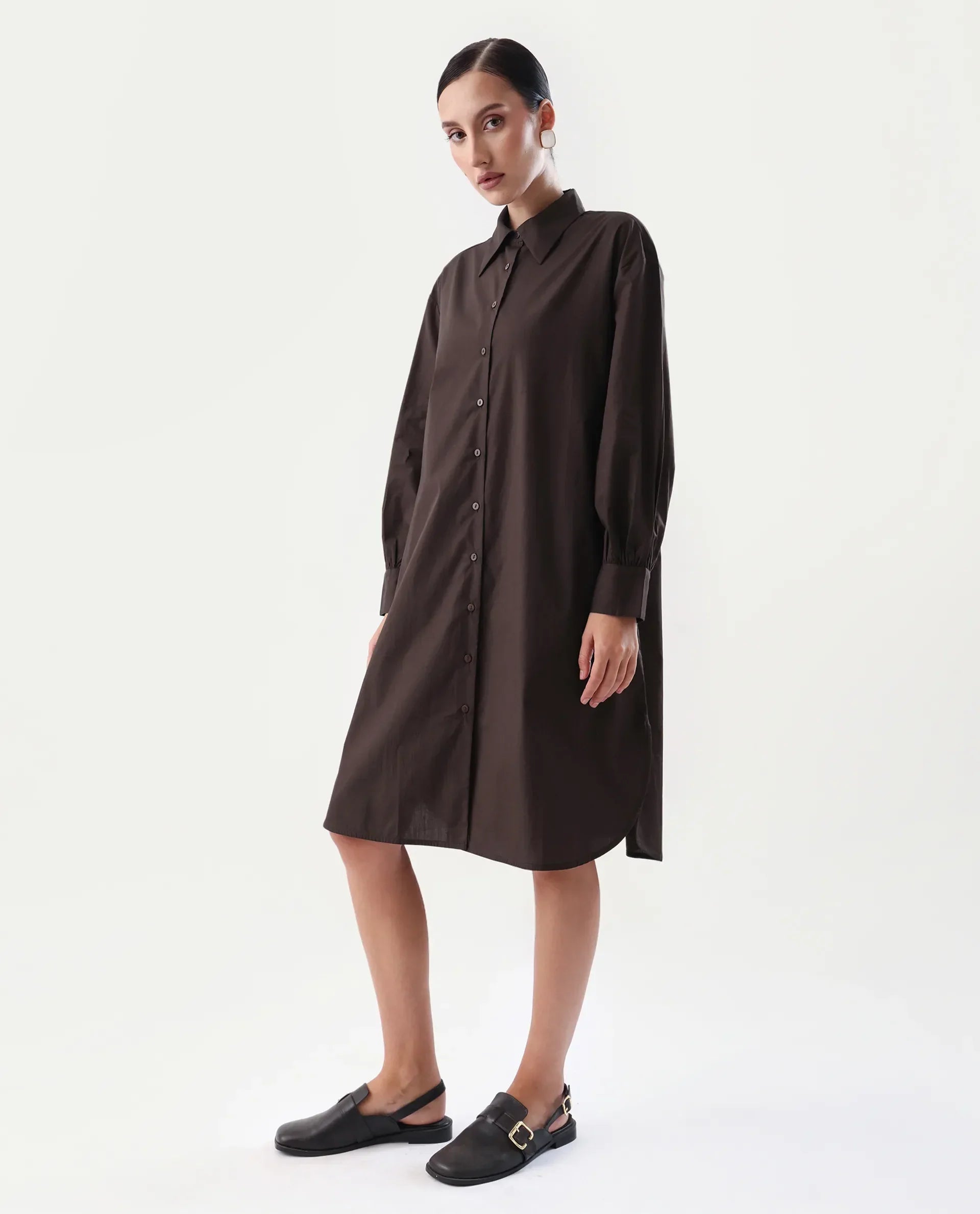 Rareism Women's Jencot Brown Cotton Collared Neck A-Line Plain Dress