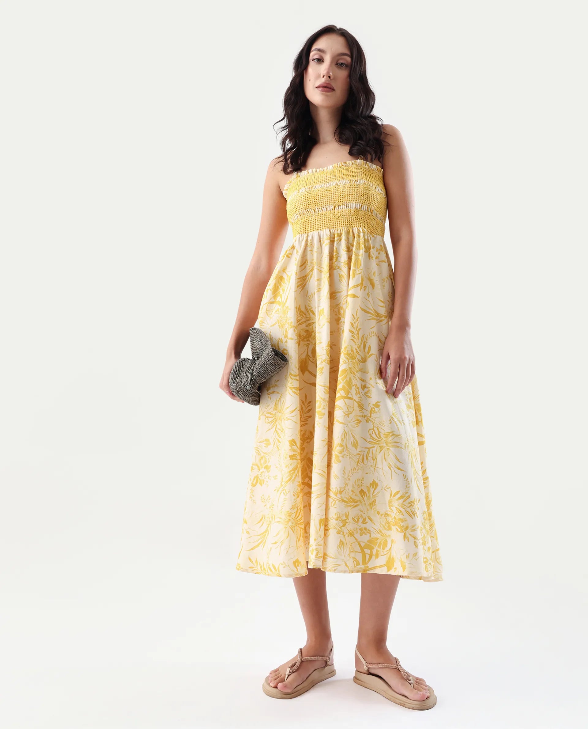 Rareism Women's Jendim Beige Cotton Tube Neck Fit And Flare Printed Midi Dress