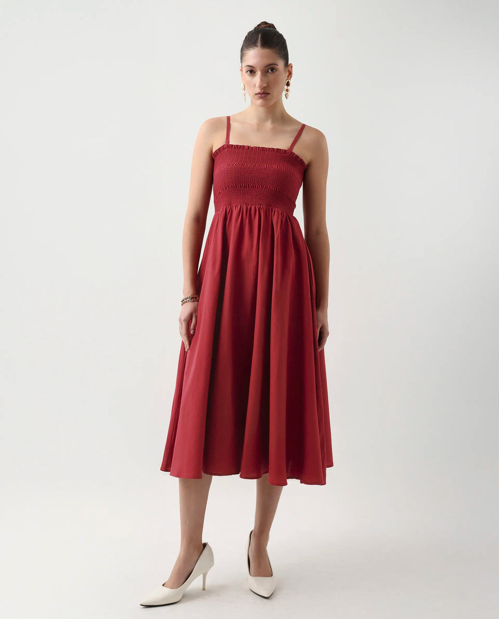 Rareism Women's Jendimo Dark Red Cotton Sleeveless Tube Neck Fit And Flare Fit Plain Midi Dress