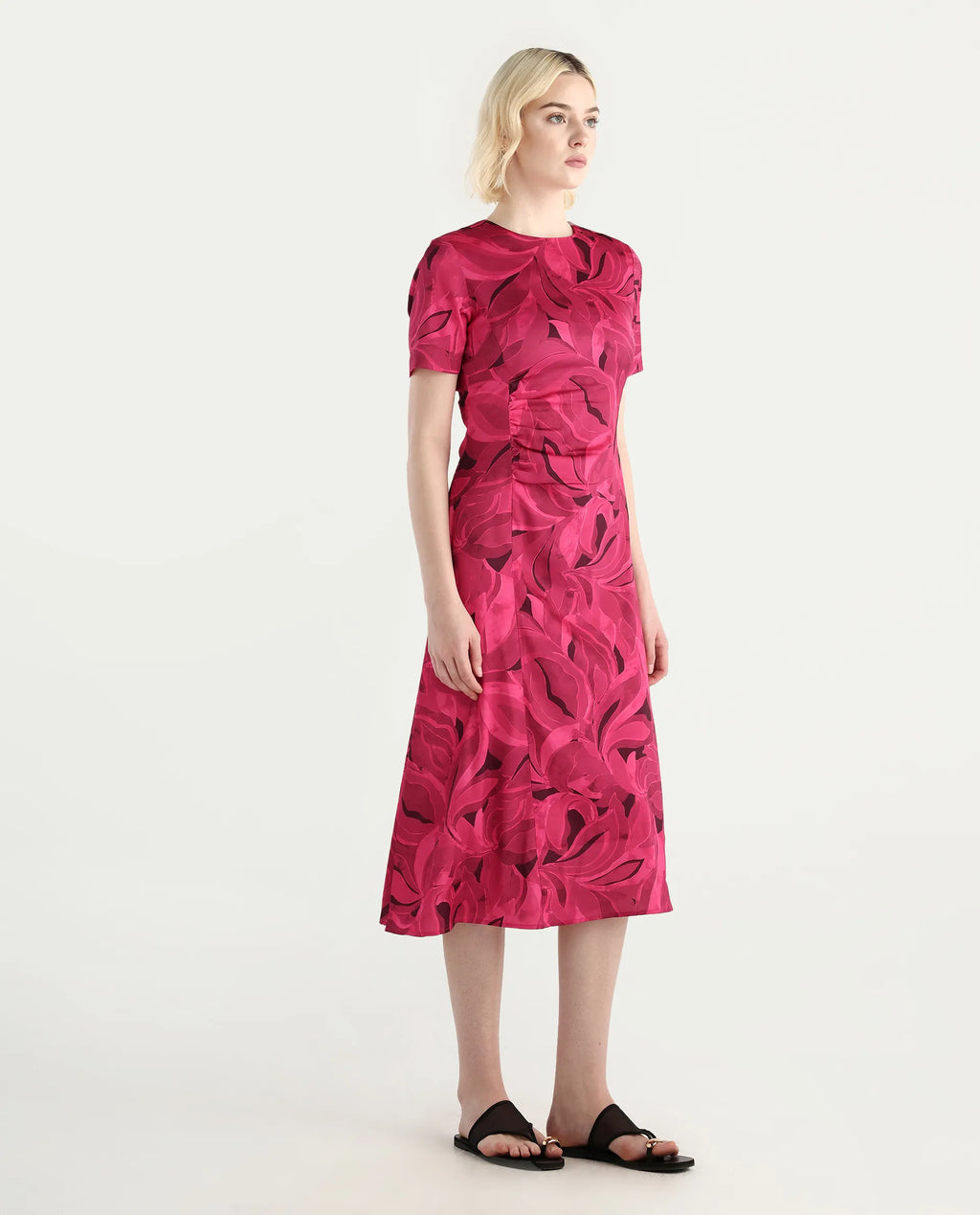 Rareism Women's Jendrop Dark Pink Cotton Fabric High Neck Straight Fit Midi Dress