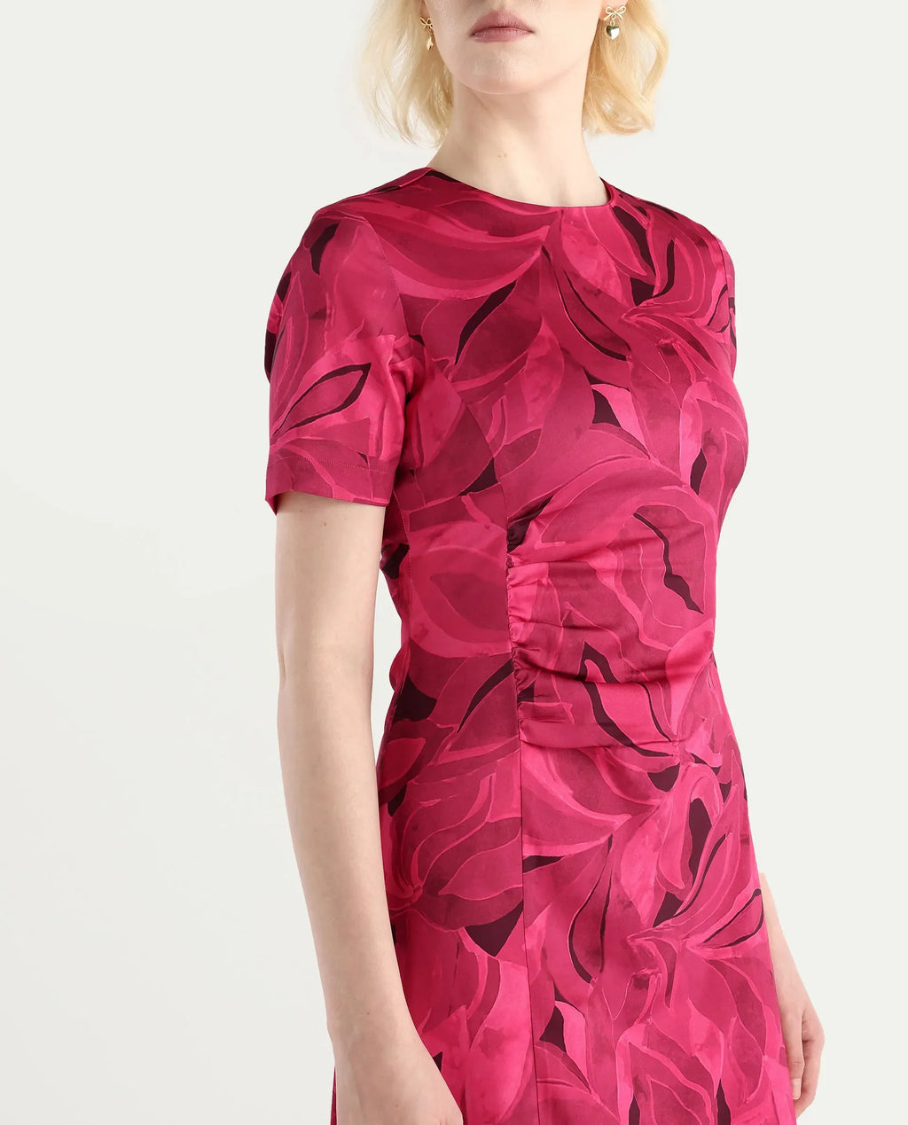 Rareism Women's Jendrop Dark Pink Cotton Fabric High Neck Straight Fit Midi Dress