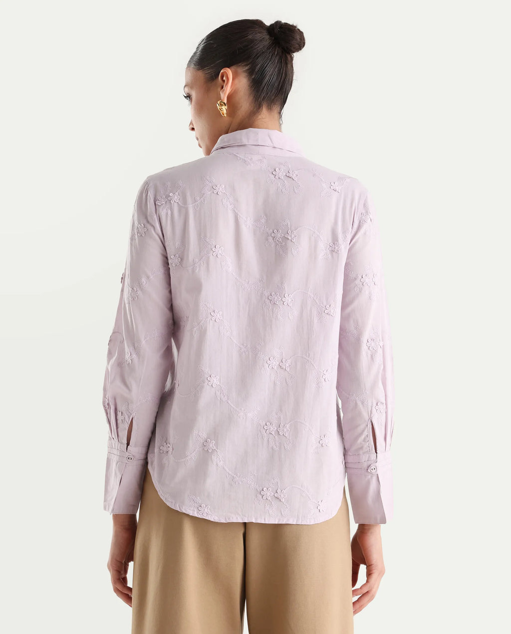 Rareism Women's Jeneiro Pastel Purple Cotton Tie-Up Neck Plain Cuffed Sleeve Regular Fit Shirt