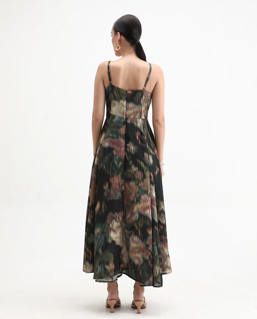 Rareism Women's Jenito Black Polyester Tube Neck Fit And Flare Printed Midi Dress