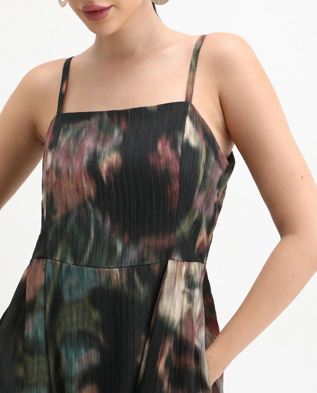 Rareism Women's Jenito Black Polyester Tube Neck Fit And Flare Printed Midi Dress