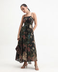 Rareism Women's Jenito Black Polyester Tube Neck Fit And Flare Printed Midi Dress