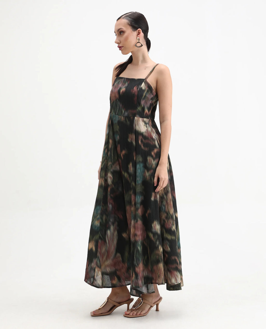 Rareism Women's Jenito Black Polyester Tube Neck Fit And Flare Printed Midi Dress