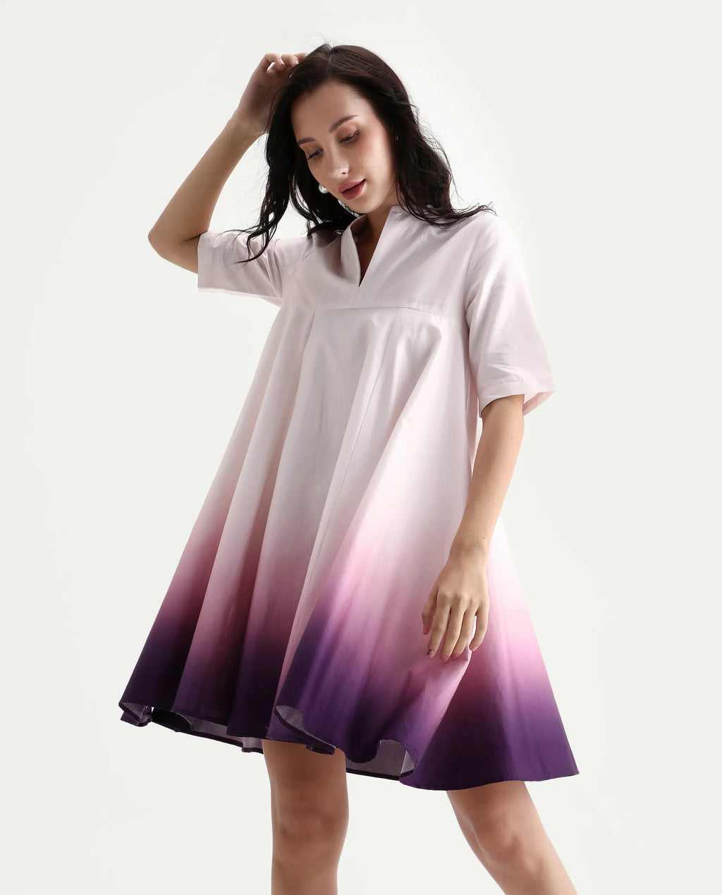 Rareism Women's Jenleo Purple Cotton Mandarin Collar Flared Printed Dress