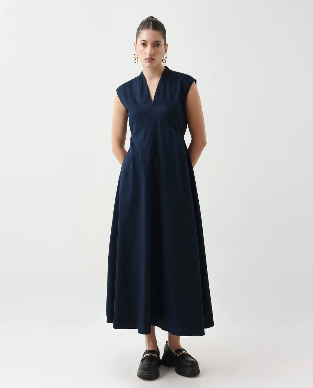 Rareism Women's Jenshi Navy Cotton V-Neck Fit And Flare Plain Dress