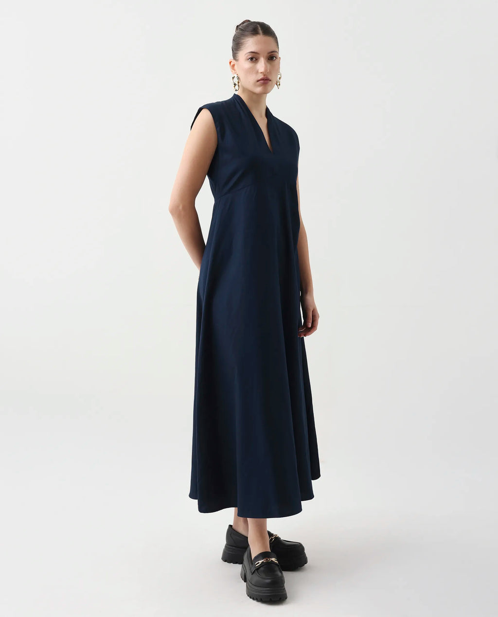 Rareism Women's Jenshi Navy Cotton V-Neck Fit And Flare Plain Dress