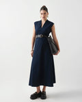 Rareism Women's Jenshi Navy Cotton V-Neck Fit And Flare Plain Dress