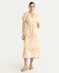 Rareism Women Jenson Yellow Lapel Neck Button Closure A-Line Maxi Printed Dress