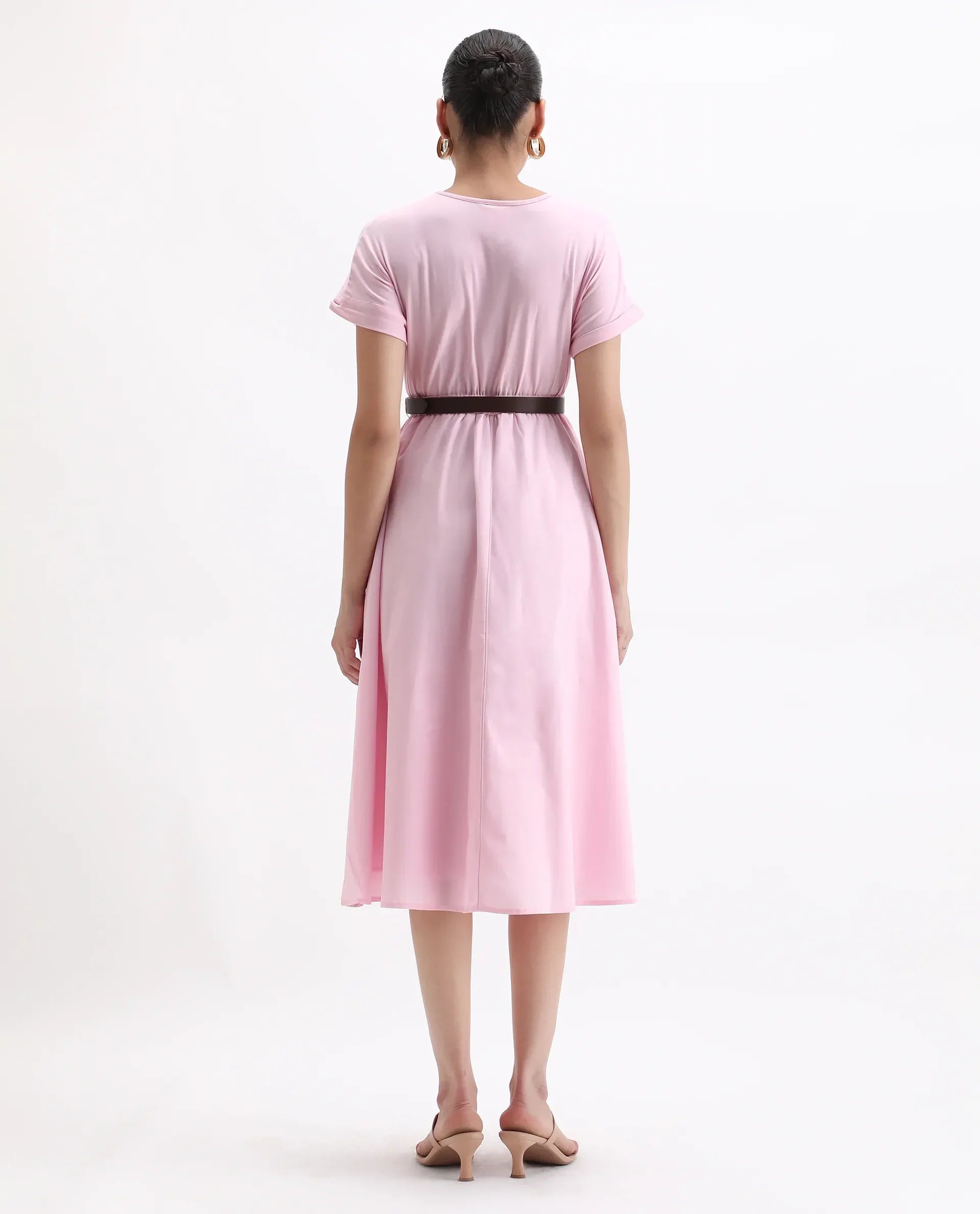Rareism Women's Jento Pink Cotton Crew Neck Fit And Flare Dress