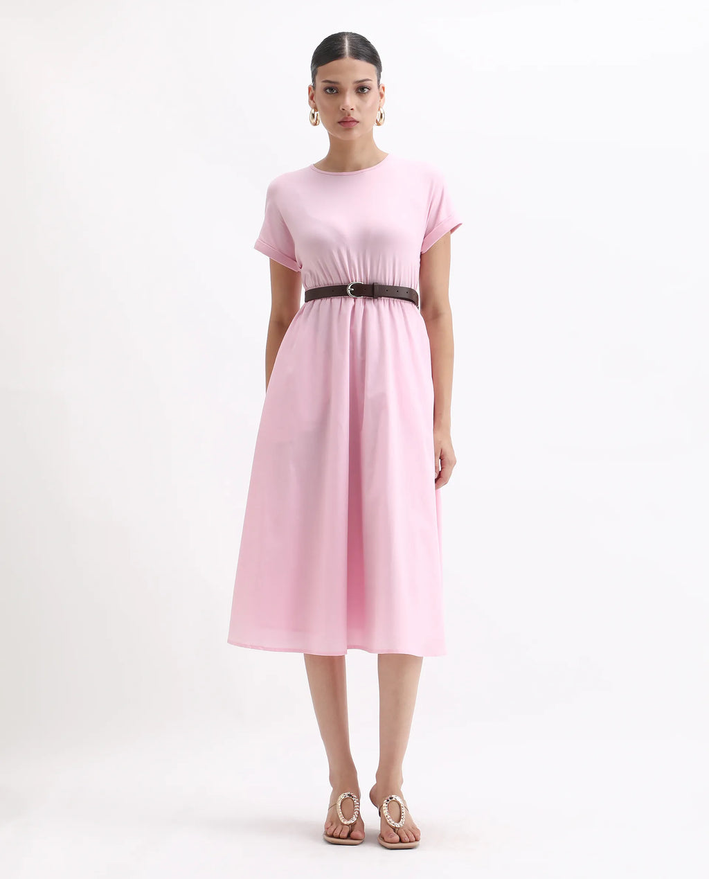 Rareism Women's Jento Pink Cotton Crew Neck Fit And Flare Dress
