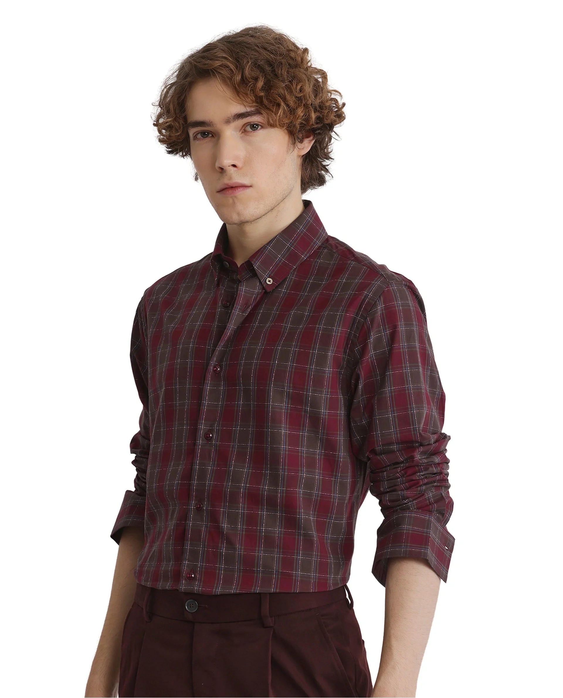 Rare Rabbit Men's Jessen Red Checked Print Regular Fit Full Sleeve Collared Shirt