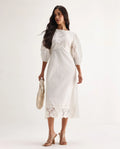 Rareism Women's Jex Off White Cotton Blend Round Neck A-Line Plain Midi Dress