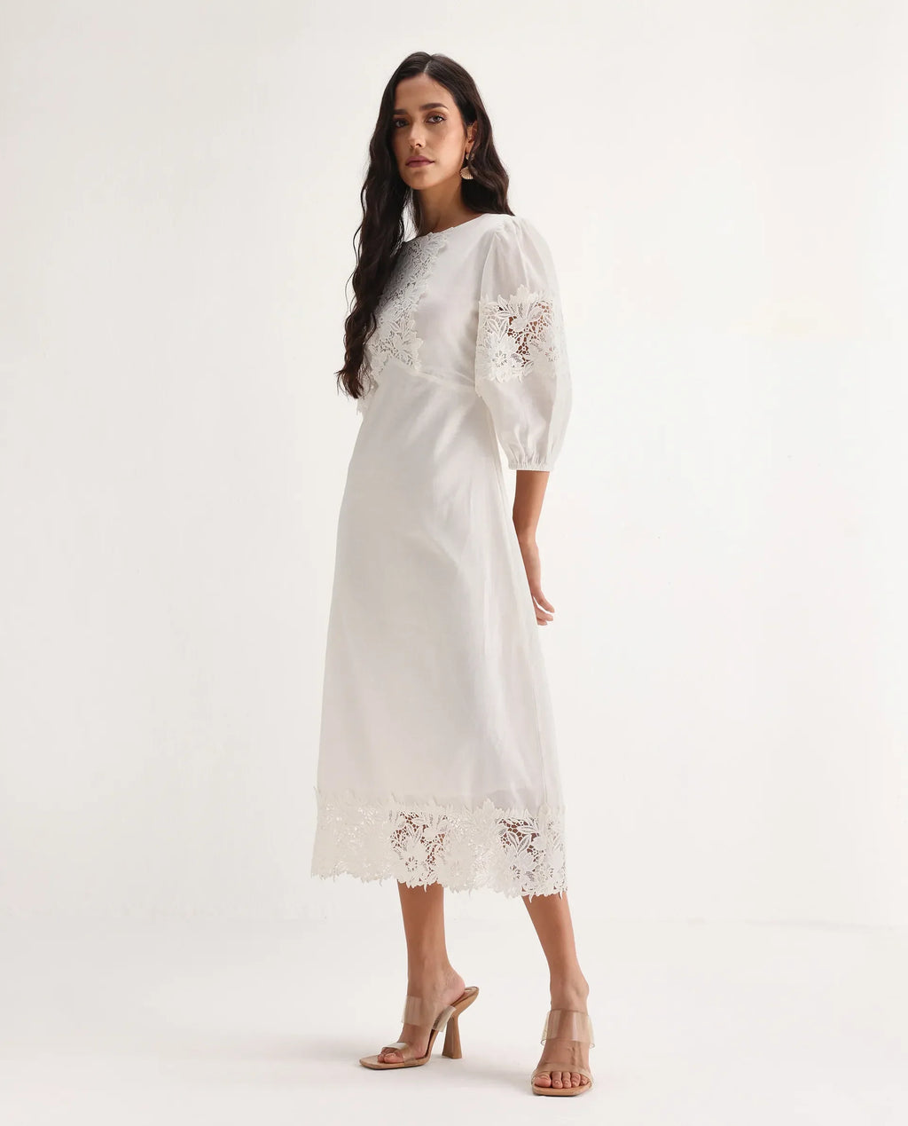 Rareism Women's Jex Off White Cotton Blend Round Neck A-Line Plain Midi Dress