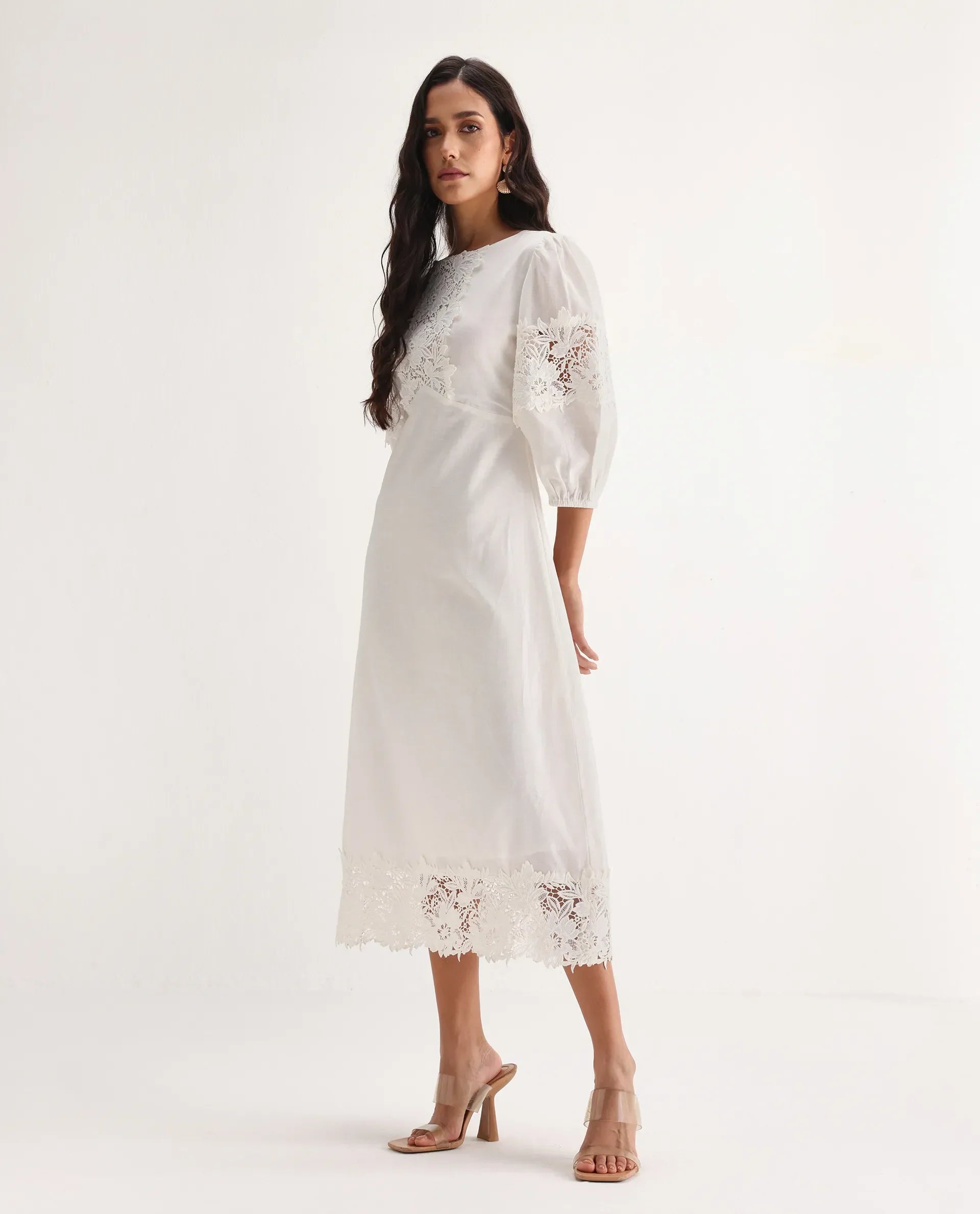 Rareism Women's Jex Off White Cotton Blend Round Neck A-Line Plain Midi Dress