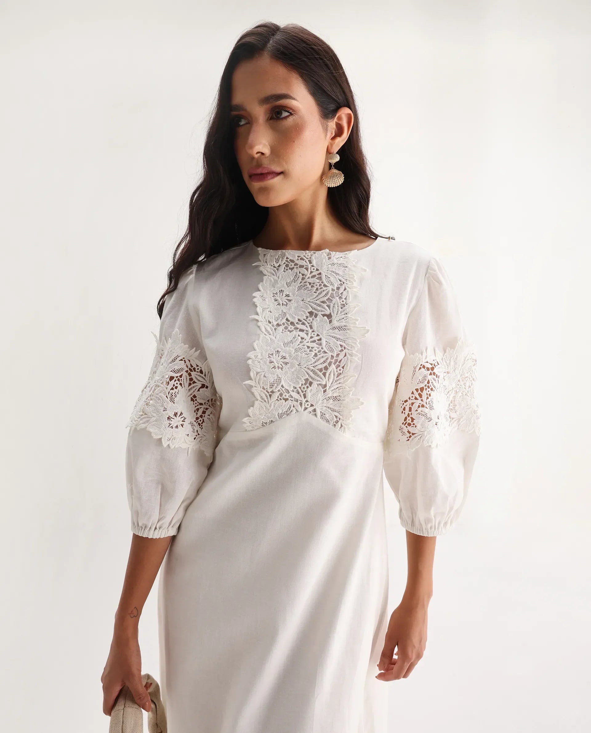 Rareism Women's Jex Off White Cotton Blend Round Neck A-Line Plain Midi Dress