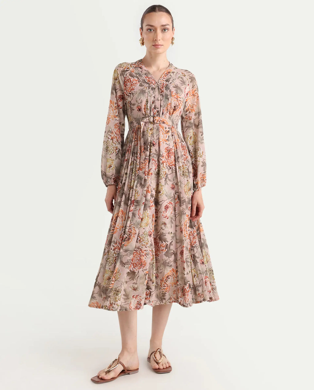 Rareism Women's Jibon Multi Polyester V-Neck Floral Print Midi A-Line Dress