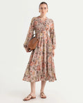 Rareism Women's Jibon Multi Polyester V-Neck Floral Print Midi A-Line Dress