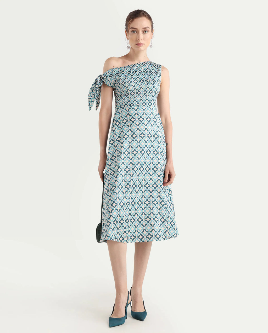 Rareism Women's Jinican Light Multi Satin Asymmetric Neck Geometric Print Tie Up Sleeve Midi Asymmetric Dress