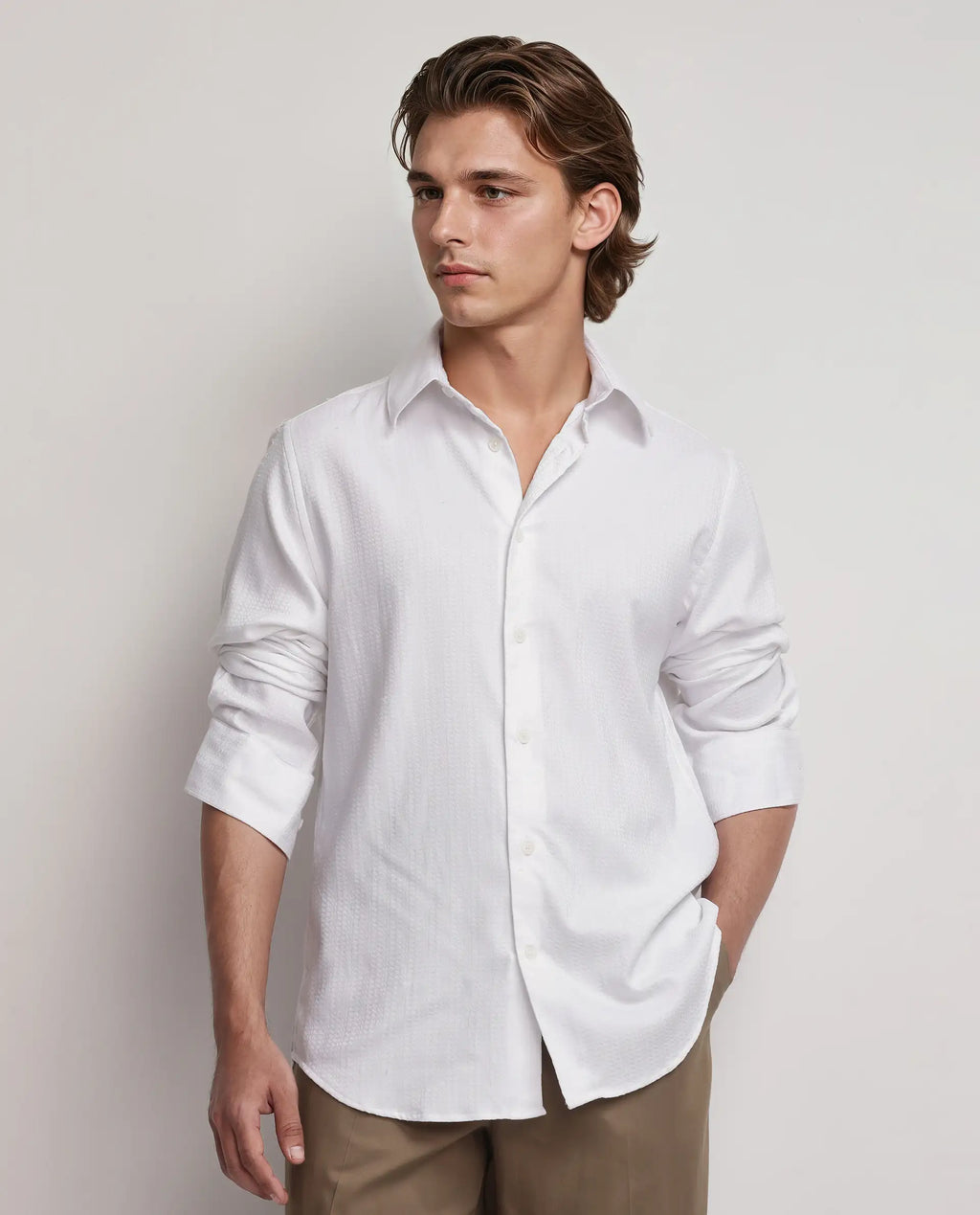 Rare Rabbit Men's Jin White Viscose Plain Regular Fit Full Sleeve Collared Shirt