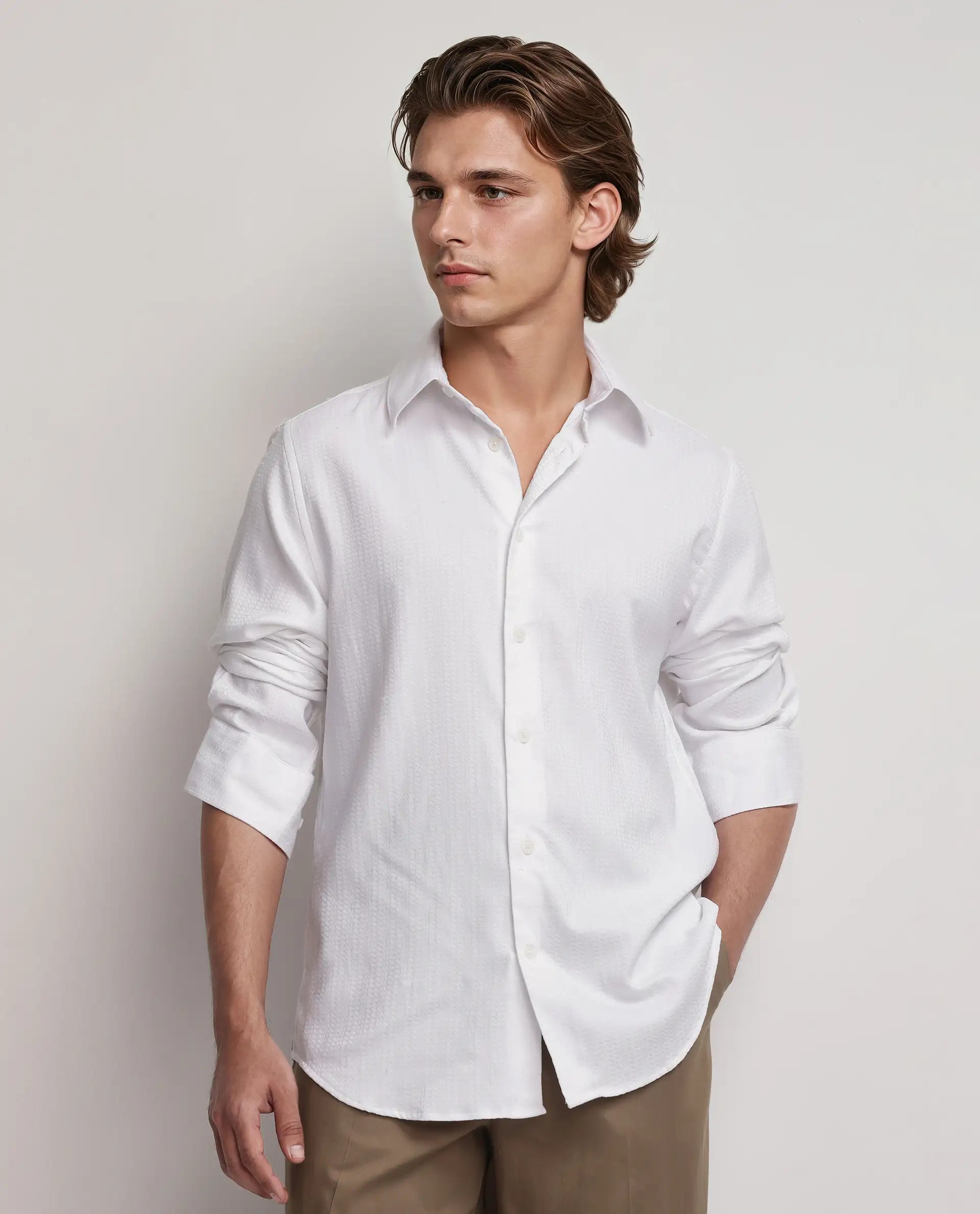 Rare Rabbit Men's Jin White Viscose Plain Regular Fit Full Sleeve Collared Shirt