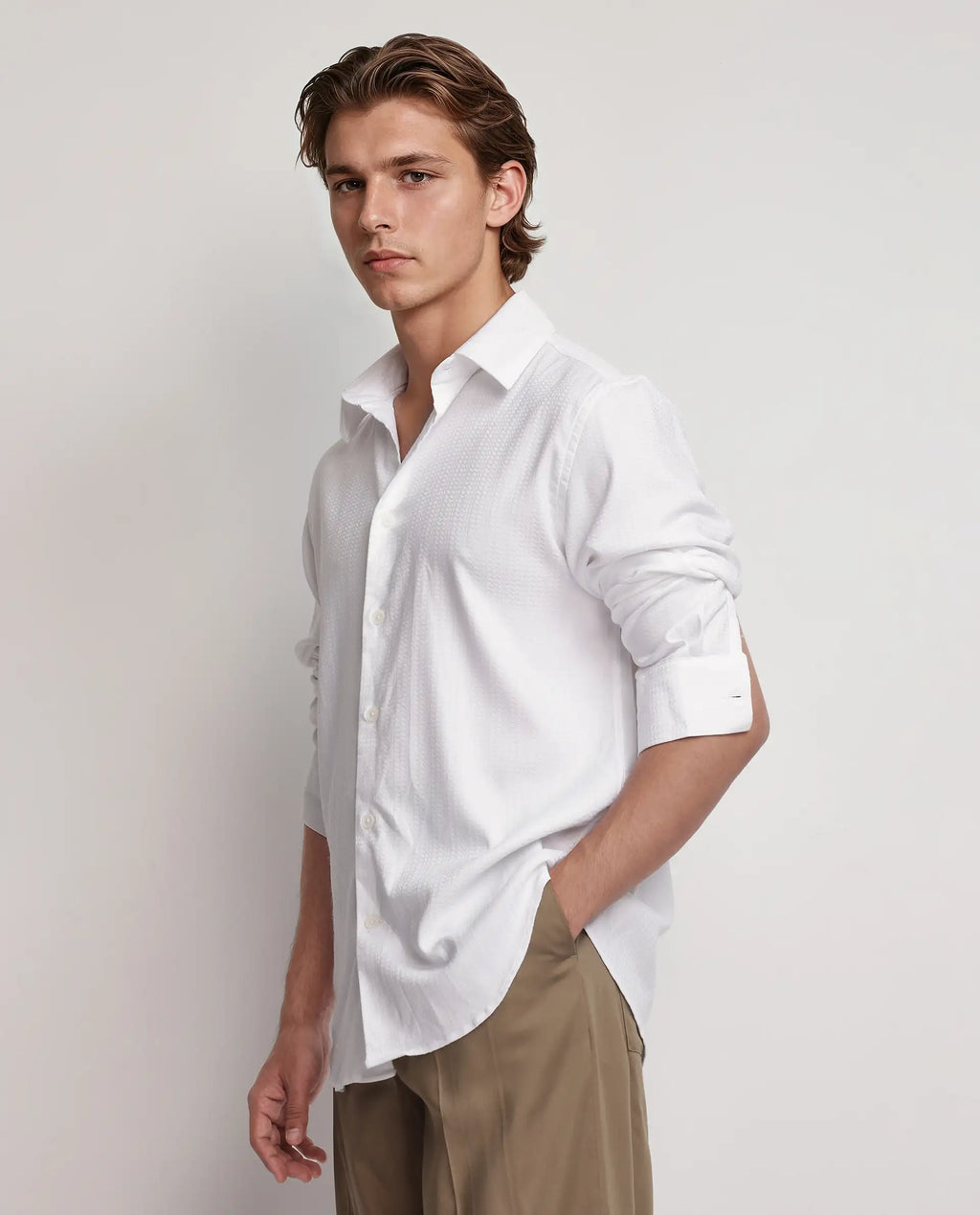 Rare Rabbit Men's Jin White Viscose Plain Regular Fit Full Sleeve Collared Shirt