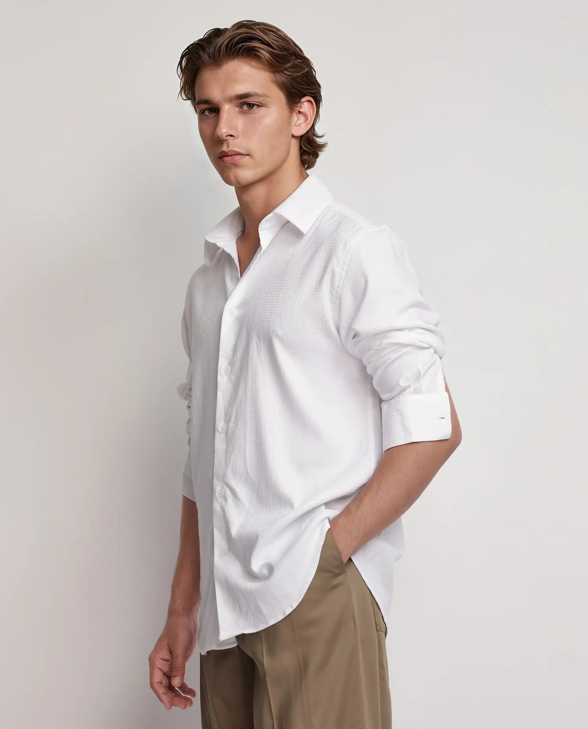 Rare Rabbit Men's Jin White Viscose Plain Regular Fit Full Sleeve Collared Shirt